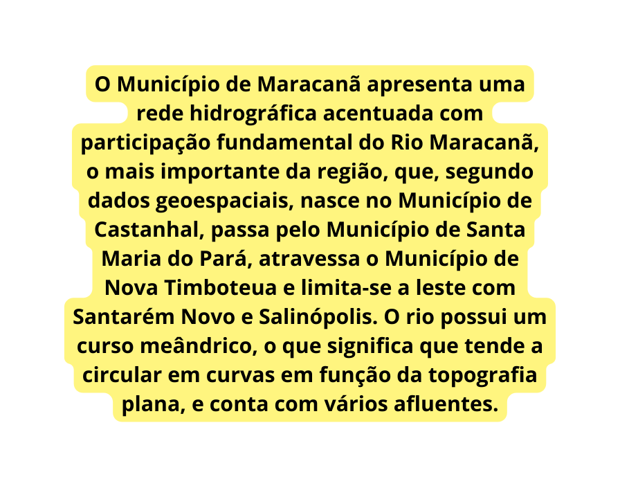 O Município de Maracanã apresenta uma rede hidrográfica acentuada com participação fundamental do Rio Maracanã o mais importante da região que segundo dados geoespaciais nasce no Município de Castanhal passa pelo Município de Santa Maria do Pará atravessa o Município de Nova Timboteua e limita se a leste com Santarém Novo e Salinópolis O rio possui um curso meândrico o que significa que tende a circular em curvas em função da topografia plana e conta com vários afluentes