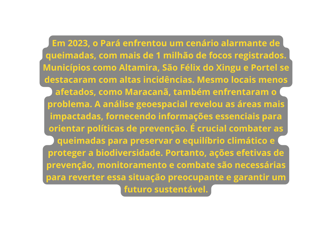 Em 2023 o Pará enfrentou um cenário alarmante de queimadas com mais de 1 milhão de focos registrados Municípios como Altamira São Félix do Xingu e Portel se destacaram com altas incidências Mesmo locais menos afetados como Maracanã também enfrentaram o problema A análise geoespacial revelou as áreas mais impactadas fornecendo informações essenciais para orientar políticas de prevenção É crucial combater as queimadas para preservar o equilíbrio climático e proteger a biodiversidade Portanto ações efetivas de prevenção monitoramento e combate são necessárias para reverter essa situação preocupante e garantir um futuro sustentável